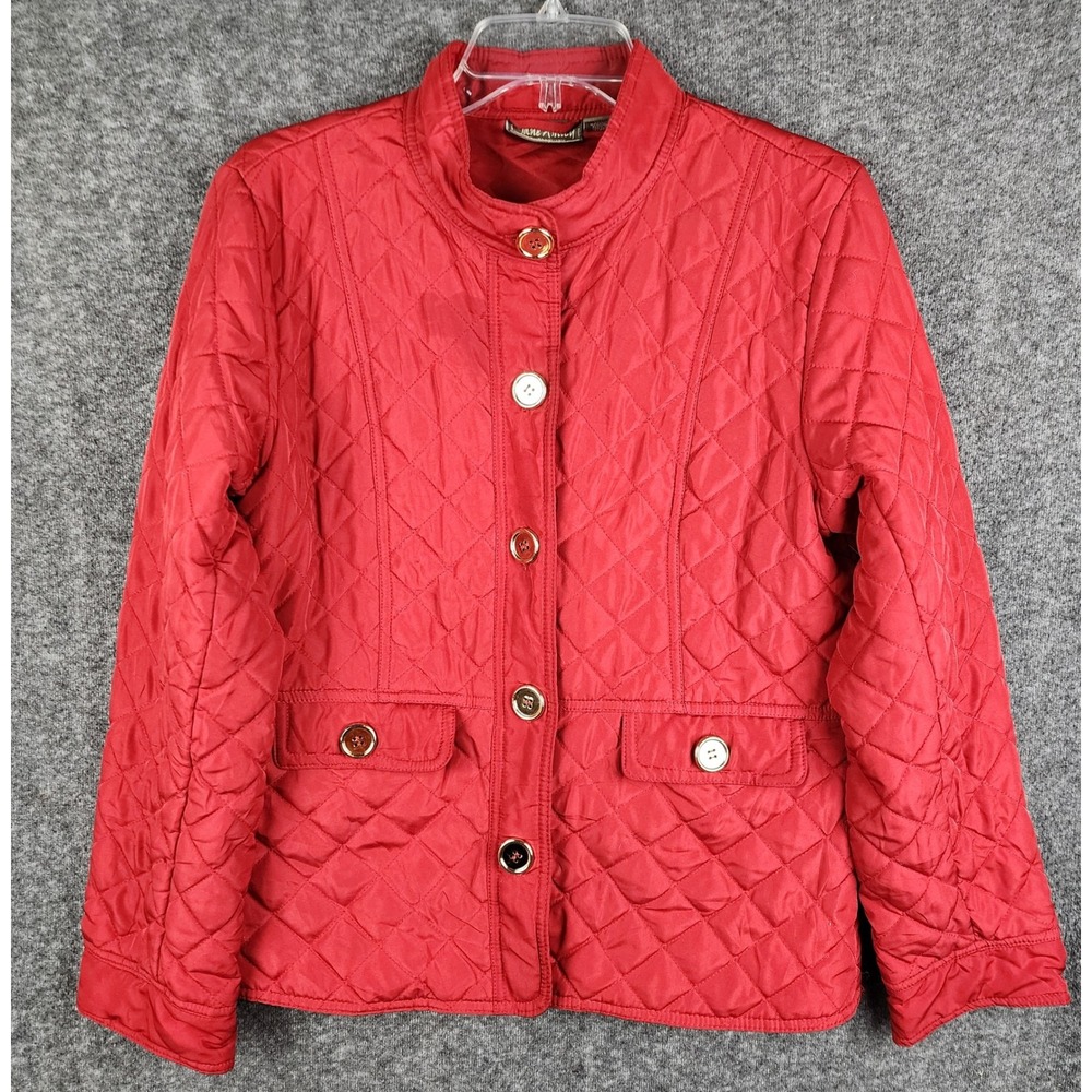 Jane Ashley Quilted Jacket Women‎ Medium Red Gold Button Mock Neck Lightweight